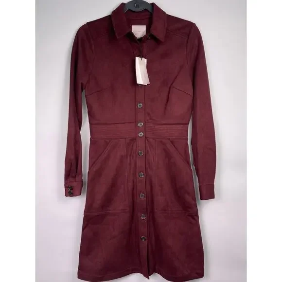 NWT A Loves A Burgundy Faux Suede Button Front Long Sleeve Dress Size M - Picture 4 of 11